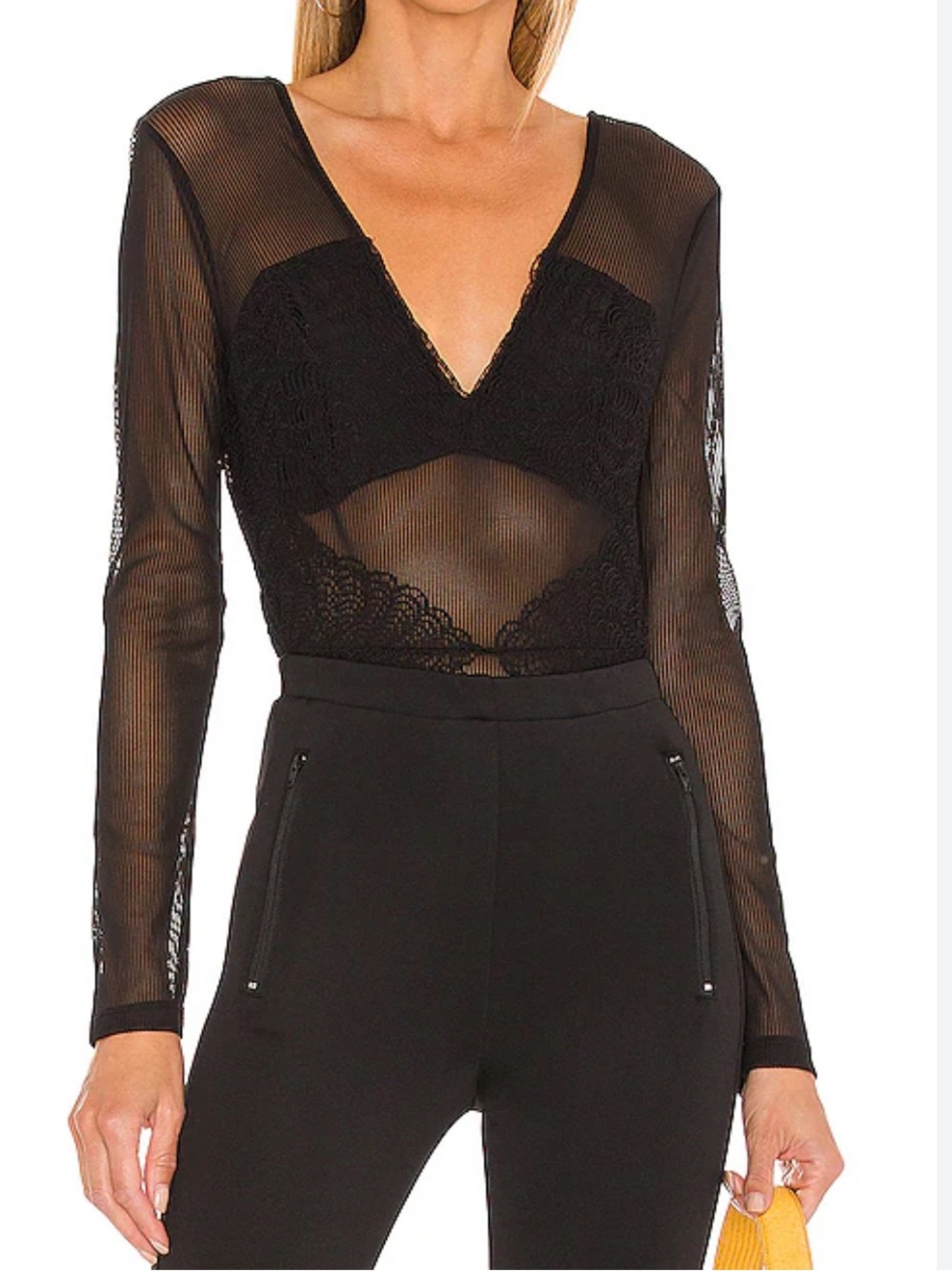 BCBG Maxazria Black Lace Mesh Long Sleeve Bodysuit Goth Glam Edgy Medium New